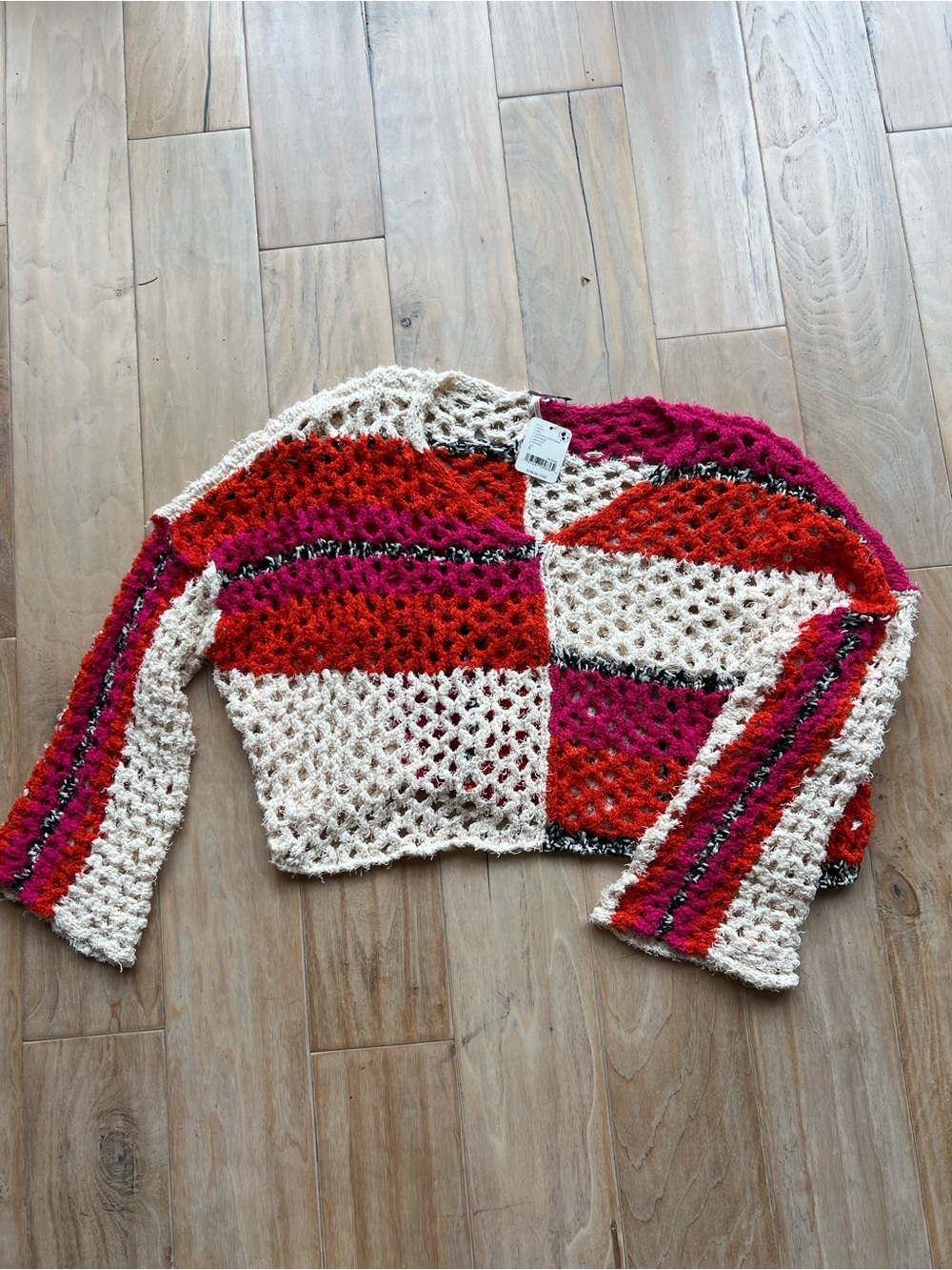 Free People Open-Knit Colorblock Crochet Sweater in Cream, Pink & Red - Picture 3 of 3